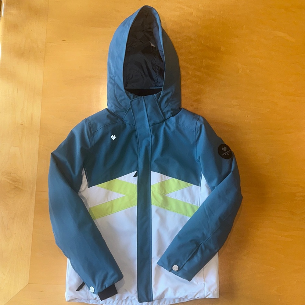 OBERMEYER - Ski Jacket AND Bib (pants).  Blue, White, and Yellow.  Teen 10-12.
